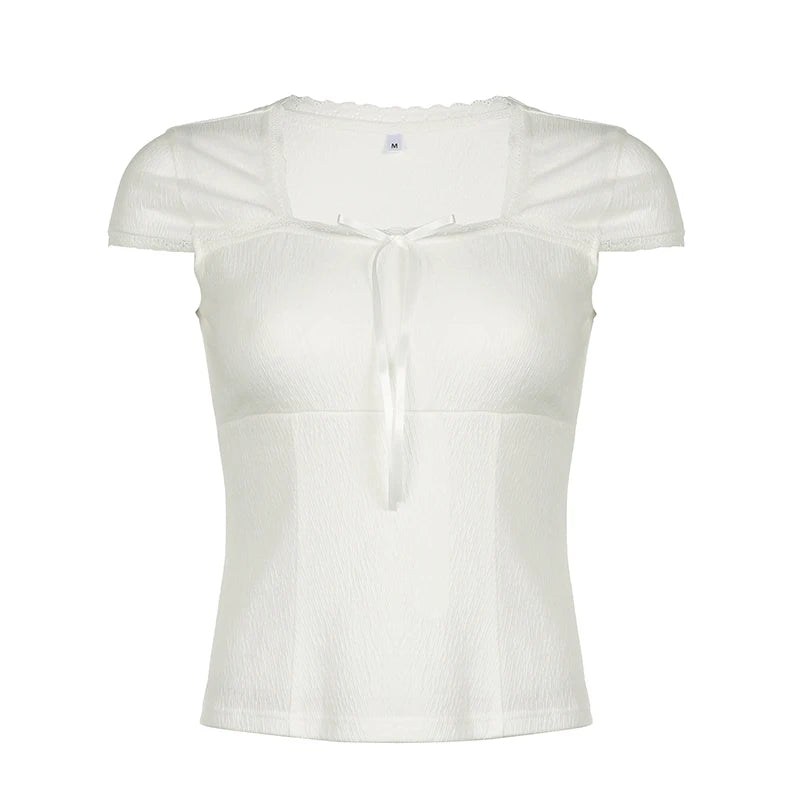 Korean White Square Neck Women T-shirts Short Sleeve Lace Trim Bow Cutecore Sweet Slim Tees Tops Short Preppy Style