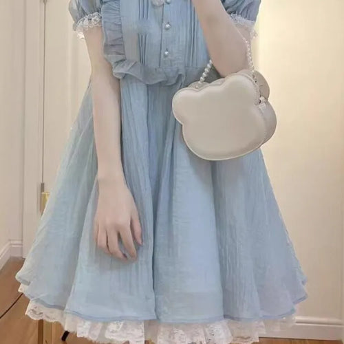 Load image into Gallery viewer, Kawaii Lolita Dress School Preppy Japanese Sweet Ruffles Lace Cute Peter Pan Collar Puff Sleeve Party Short Dresses
