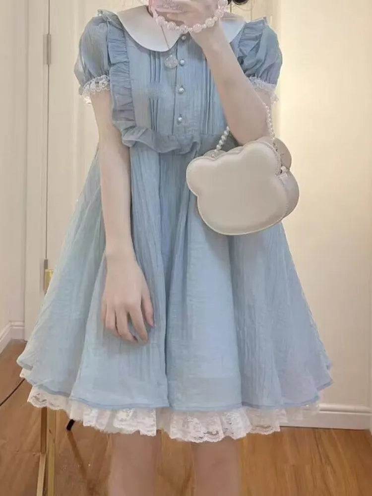 Kawaii Lolita Dress School Preppy Japanese Sweet Ruffles Lace Cute Peter Pan Collar Puff Sleeve Party Short Dresses