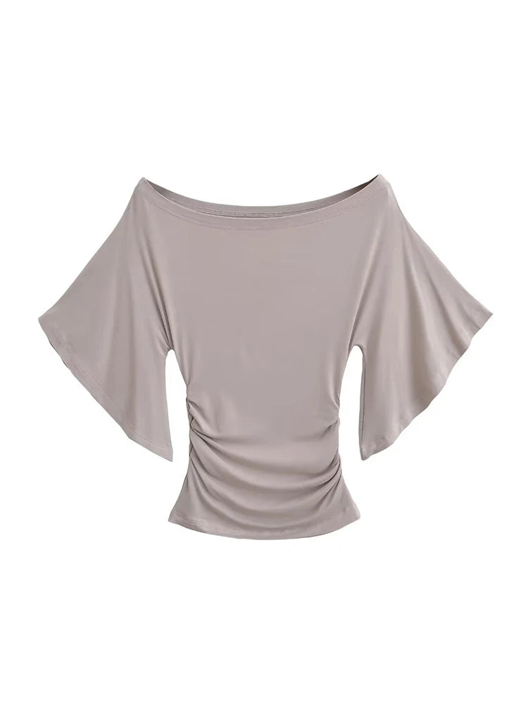 Korean style Women Summer Sexy Bat Sleeve Slash Neck Off Shoulder T-shirt Cinching Waist Solid Slim Top