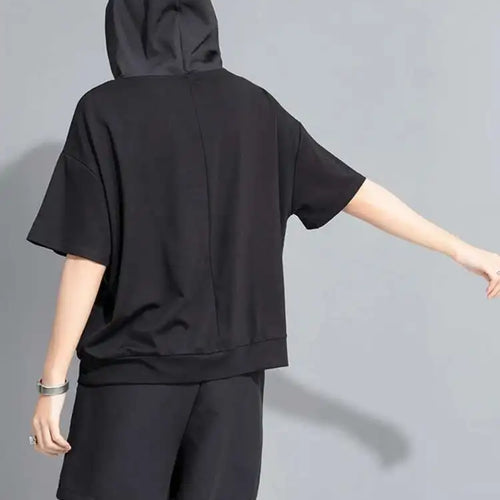 Load image into Gallery viewer, Women Yellow Pocket Color-block Big Size Casual T-shirt New Hooded Short Sleeve Fashion Tide Spring Summer 2025 1DH9834
