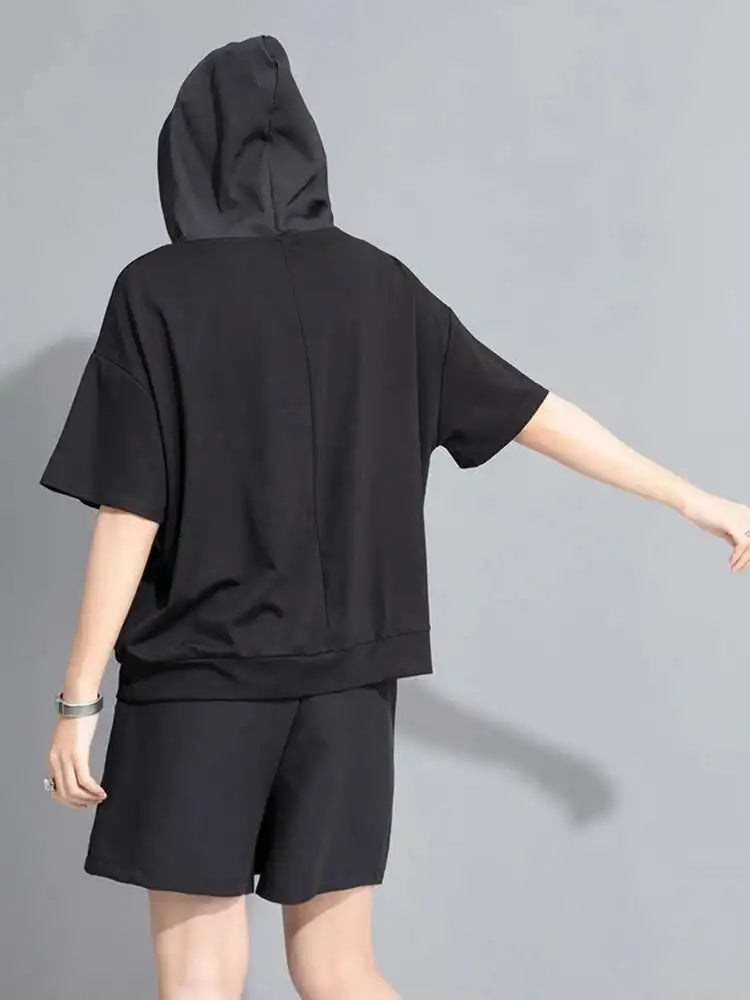 Women Yellow Pocket Color-block Big Size Casual T-shirt New Hooded Short Sleeve Fashion Tide Spring Summer 2025 1DH9834