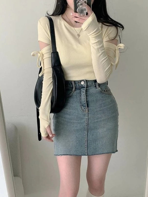 Women Bandage Harajuku Solid T Shirts Female Long Sleeve Tees  2025 Autumn T-shirt Streetwear Y2k All Match Hollow Out Tops