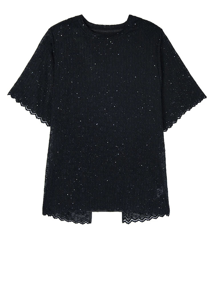 Black Lace T-shirt Back Slit Skirt Two Pieces Suit New Round Neck Short Sleeve Women Fashion Spring Summer 2025 1DJ1159