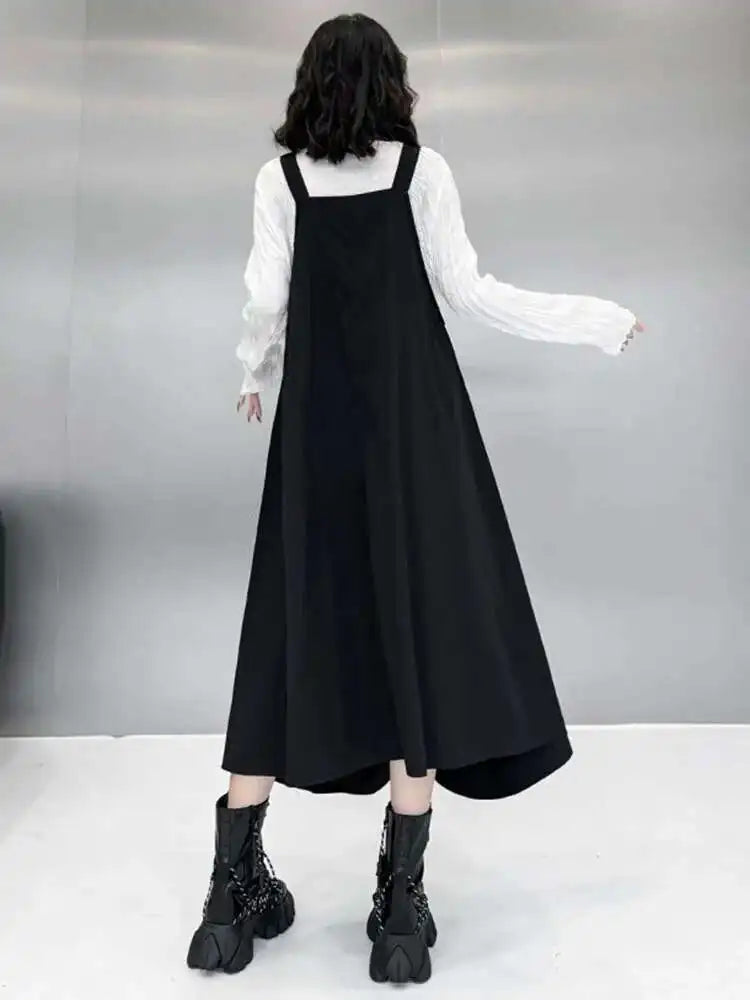 Women Black Pleated Irregular Big Size Strap Dress New Square Collar Sleeveless Fashion Tide Spring Autumn 2025 1DH6829