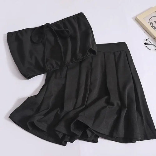 Load image into Gallery viewer, Summer Solid Eleagnt Two-piece Set Women Backless Sleeveless Strapless Lace-up Tops And High Waist Mini Pleated Skirt Suit 2024
