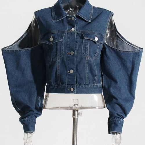 Load image into Gallery viewer, Hollow Out Off Shoulder Fashion Denim Jackets For Women Lapel Long Sleeve Spliced Single Breasted Short Coats Female Style

