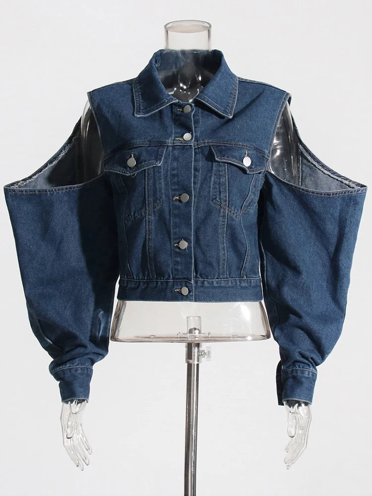 Hollow Out Off Shoulder Fashion Denim Jackets For Women Lapel Long Sleeve Spliced Single Breasted Short Coats Female Style