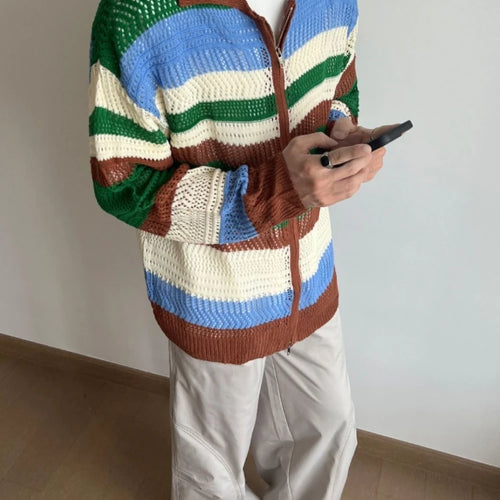 Load image into Gallery viewer, 2025 Contrast Color Striped Dual Zippers Cardigan Japanese Hollow Out Men and Women Jackets Y2k Aesthetic Streetwear Women Tops
