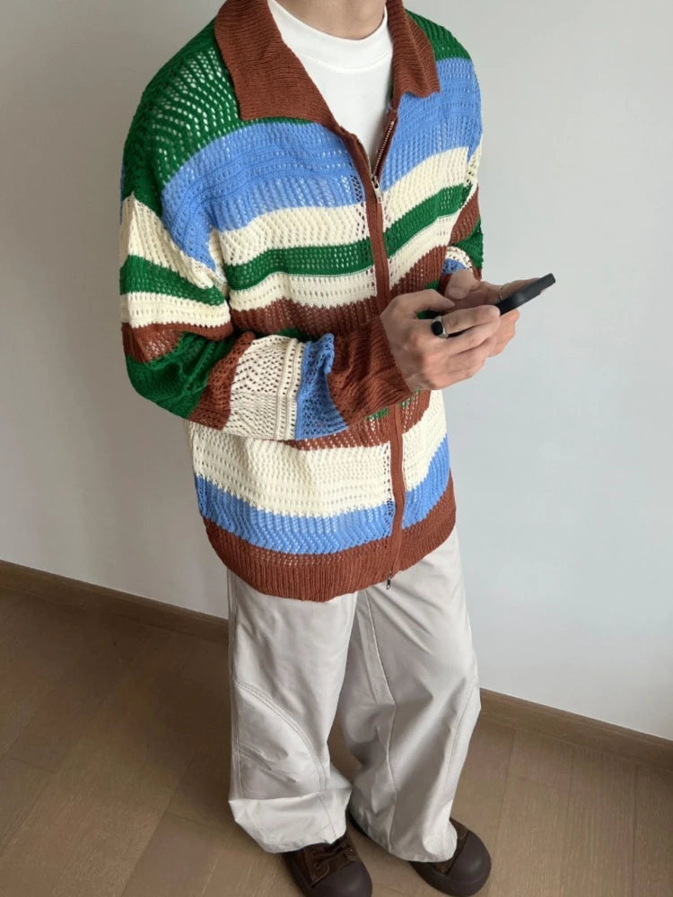 2025 Contrast Color Striped Dual Zippers Cardigan Japanese Hollow Out Men and Women Jackets Y2k Aesthetic Streetwear Women Tops