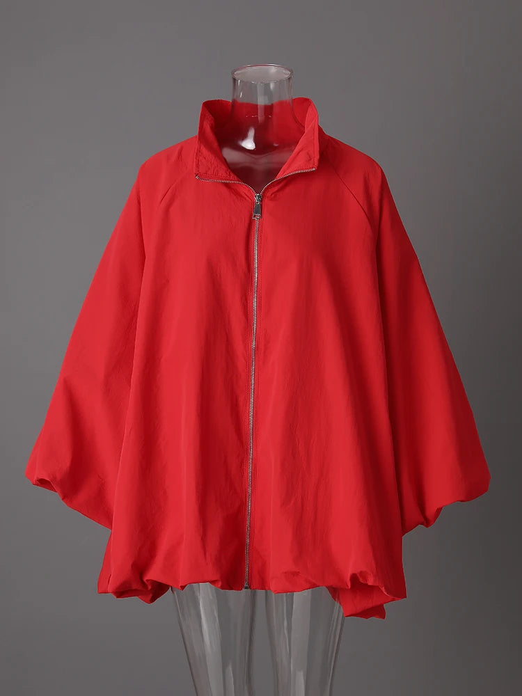 Red Shaped Big Size Casual Jacket New Stand Collar Long Lantern Sleeve Women Coat Fashion Tide Spring Autumn 2025  1DJ0578