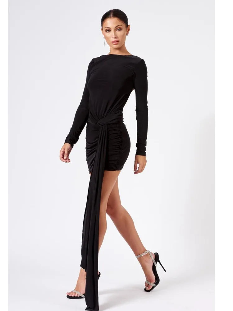 Elegant Long Sleeved Lace Up Backless Dress For Women 2024 New Straight Neck Bodycon Ribbon Slim Fitting Evening Dress