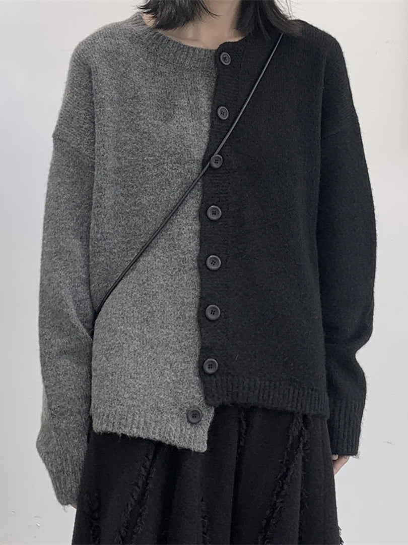 Color-block Big Size Knitting Cardigan Sweater Loose Fit --Neck Long Sleeve Women New Fashion Autumn Winter 2025 1DF2470