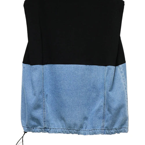 Load image into Gallery viewer, Women Black Denim Color-block Drawstring Big Size T-shirt New Round Neck Sleeveless Fashion Spring Summer 2025 1DJ1061
