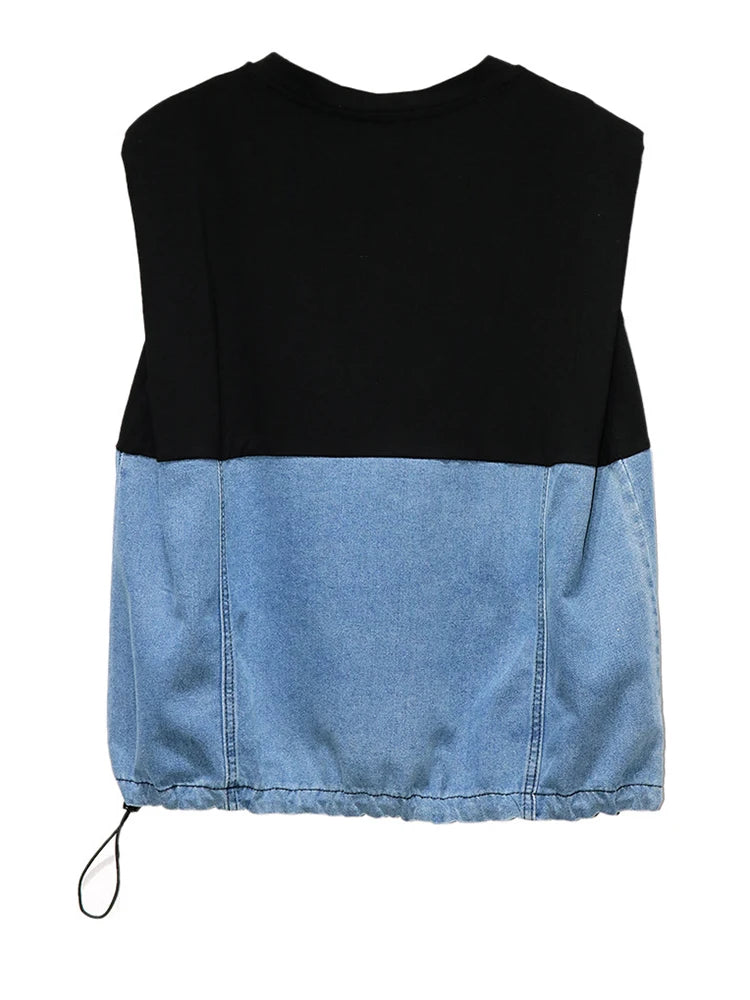 Women Black Denim Color-block Drawstring Big Size T-shirt New Round Neck Sleeveless Fashion Spring Summer 2025 1DJ1061