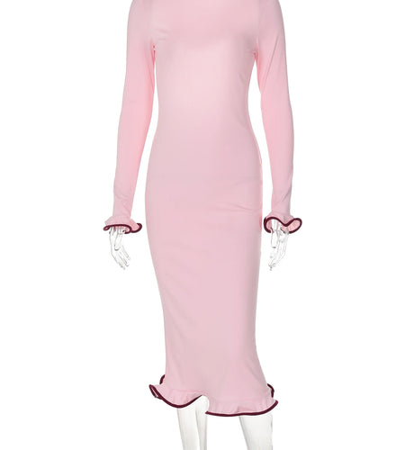 Women Elegant Solid Long Sleeve Backless Lace Up Sexy Bodycon Maxi Prom Dress Autumn Women Y2K Clothes Birthday Party