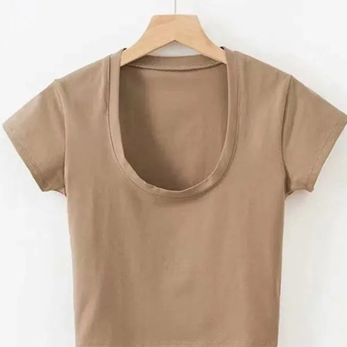 Load image into Gallery viewer, U-Neck Crop Top Solid Color Women Casual High Waist T Shirt Basic Sexy Streetwear Short Sleeve Slimming Tops
