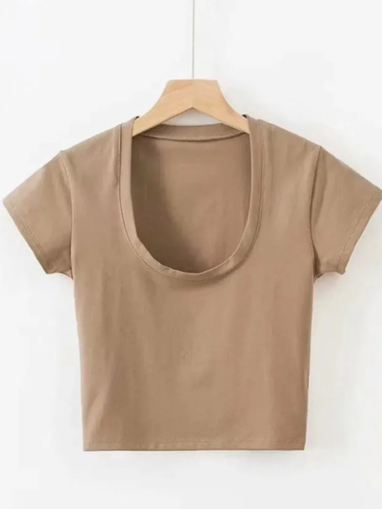 U-Neck Crop Top Solid Color Women Casual High Waist T Shirt Basic Sexy Streetwear Short Sleeve Slimming Tops