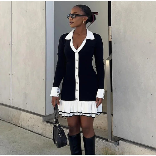 Load image into Gallery viewer, Autumn Winter Knitted Dress Sexy Black Hollow Out Bow Dress Stand Collar Women Long Sleeve Slim Party Dresses
