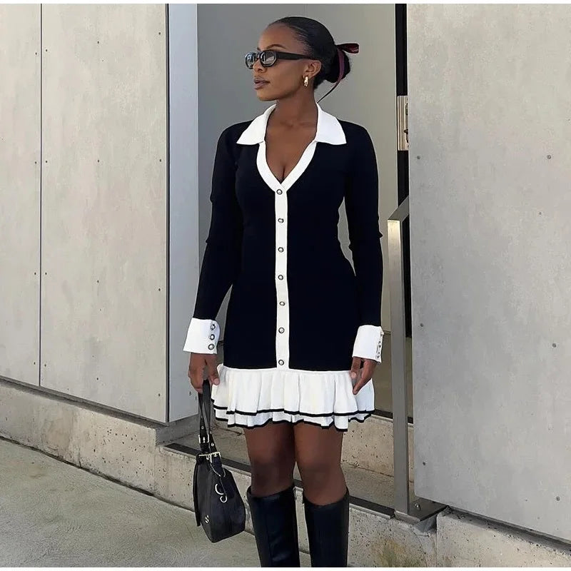 Autumn Winter Knitted Dress Sexy Black Hollow Out Bow Dress Stand Collar Women Long Sleeve Slim Party Dresses