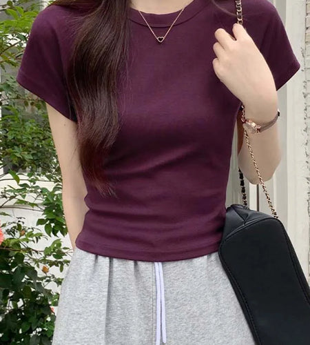 Sexy O Neck Slim T Shirt Women Cotton Elastic Basic Solid Female Casual Korean Tops Short Sleeve Thin T-shirts