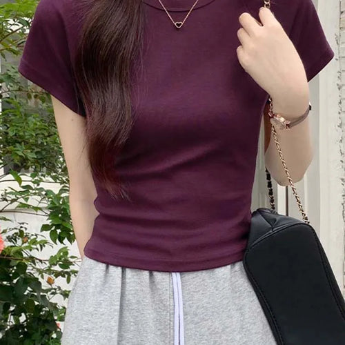 Load image into Gallery viewer, Sexy O Neck Slim T Shirt Women Cotton Elastic Basic Solid Female Casual Korean Tops Short Sleeve Thin T-shirts
