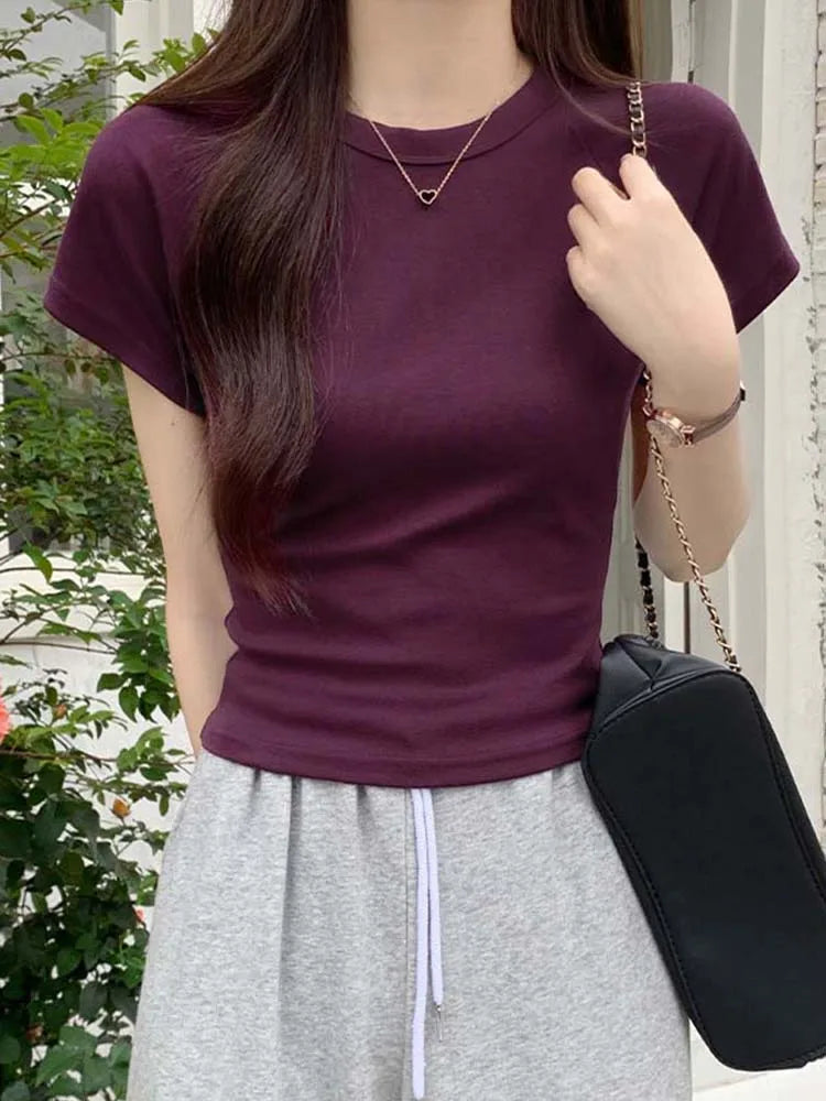 Sexy O Neck Slim T Shirt Women Cotton Elastic Basic Solid Female Casual Korean Tops Short Sleeve Thin T-shirts