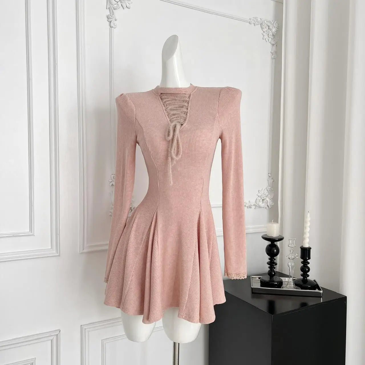 Autumn Winter Women Sweet Pink Lace-up Round Neck Long Sleeved Pleated Short Dress 2024 Sexy Elegant High Waist Mini Knit Dress