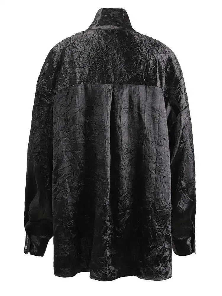 Women Black Pleated Buckle Big Size Vintage Blouse New Stand Collar Long Sleeve Shirt Fashion Spring Autumn 2025 CPG1416