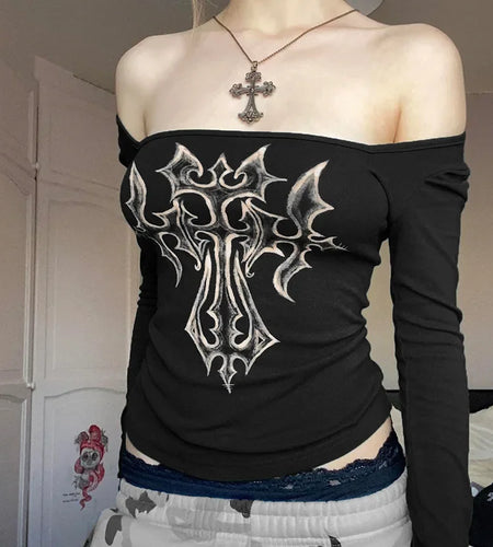 Black Crop T Shirts 2024 Women Clothes Long Sleeve Tunic Print Tees Ropa Mujer Y2k Tops Off Shoulder Fashion Sexy Vintage Tshirt