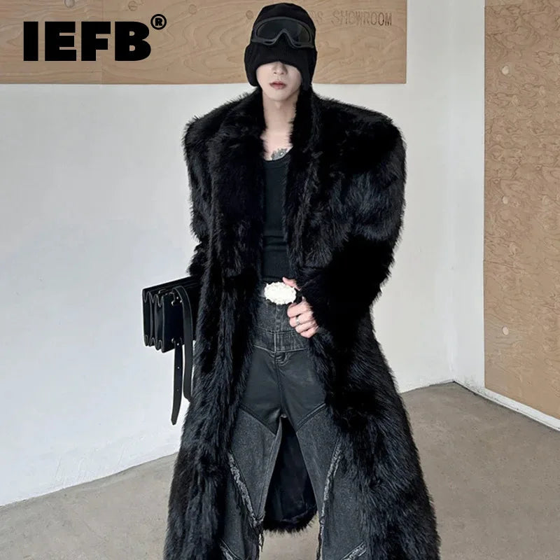 Winter Men's Faux Fur Coat Turn-down Collar Silhouette Solid Color Overknee Overcoats Simple Autumn New Trendy 24E5804