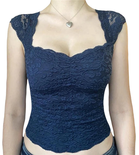 y2k Lace Crop Top 2000s Aesthetic Women V Neck Sleeveless Tanks Sweet Style T Shirt Kawaii E Girl Clothes Streetwear