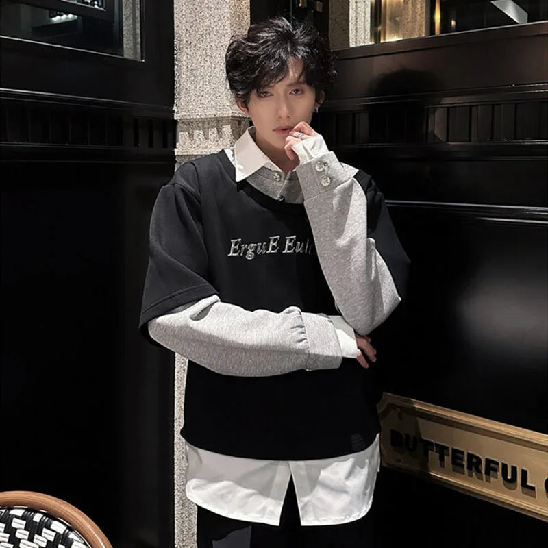 Male Sweatshirts Long Sleeve New Korean Turn-down Collar Design Patchwork Loose Men's Clothing Summer Men Tops 9W1606