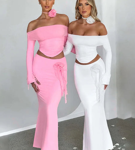 Elegant Halter 3D Flower Two Piece Sets Women Fashion Off-shoulder Tops And Maxi Skirt Matching Sets Bodycon Sexy Dress