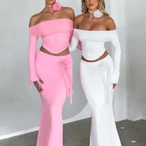 Load image into Gallery viewer, Elegant Halter 3D Flower Two Piece Sets Women Fashion Off-shoulder Tops And Maxi Skirt Matching Sets Bodycon Sexy Dress
