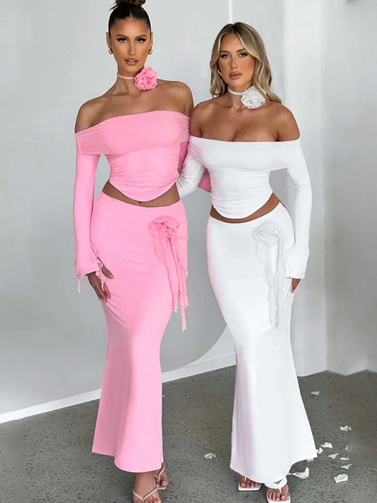 Elegant Halter 3D Flower Two Piece Sets Women Fashion Off-shoulder Tops And Maxi Skirt Matching Sets Bodycon Sexy Dress