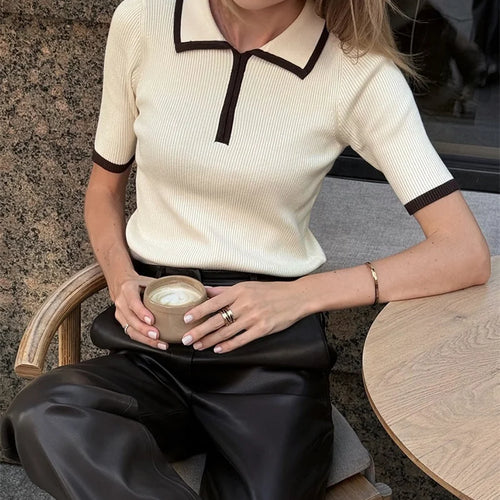 Load image into Gallery viewer, Short Sleeve Knit T-shirt Women Sweater Pullovers Summer Female Patchwork Ribbed Lapel Slim Knitted Tops Sweaters
