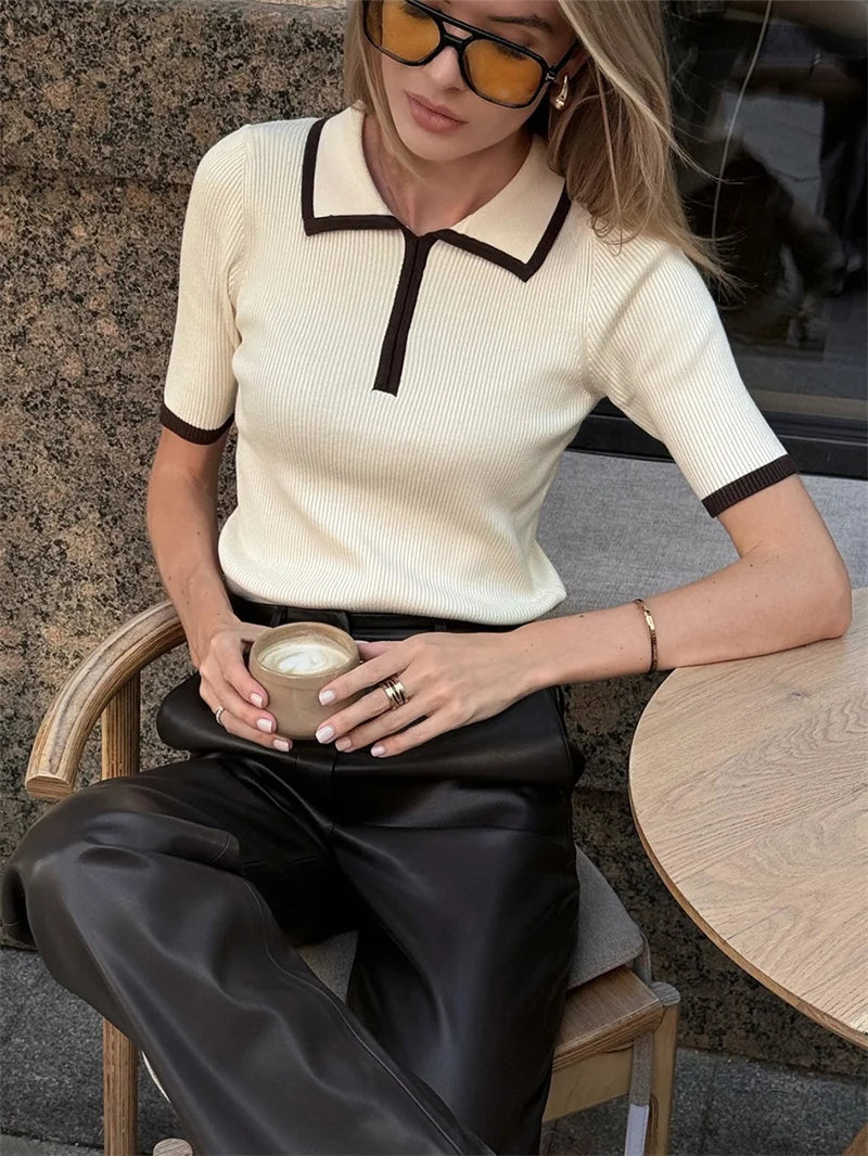 Short Sleeve Knit T-shirt Women Sweater Pullovers Summer Female Patchwork Ribbed Lapel Slim Knitted Tops Sweaters