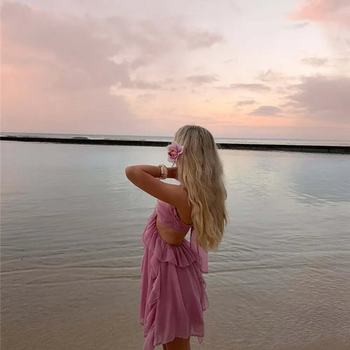 Load image into Gallery viewer, Rose Halter Backless Sexy Mini Dress Women Pink Off-shoulder Strapless Sleeveless High Waist Club Party Beach Dress
