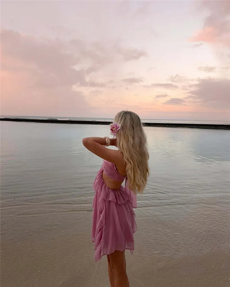 Rose Halter Backless Sexy Mini Dress Women Pink Off-shoulder Strapless Sleeveless High Waist Club Party Beach Dress