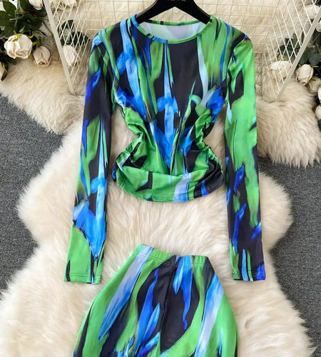 Autumn Women's Print Dyed Long Sleeved Round Neck Pleated Tops+ High Waisted Straight Flared Long Pant Fashion Two-piece Set Y2k