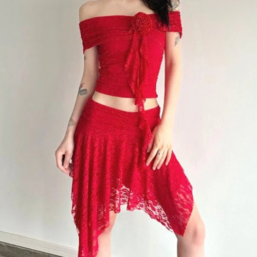 Load image into Gallery viewer, Y2k Aesthetic Lace Jacquard Vintage Tees 2025 Streetwear Fairy Slash Neck Cropped Tshirts Women Harajuku Grunge 3D Flower Tops
