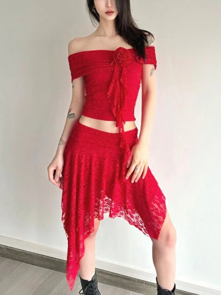 Y2k Aesthetic Lace Jacquard Vintage Tees 2025 Streetwear Fairy Slash Neck Cropped Tshirts Women Harajuku Grunge 3D Flower Tops