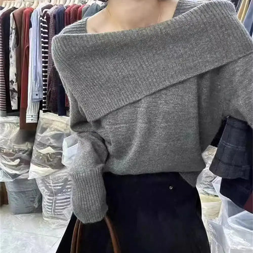Load image into Gallery viewer, Korean Version Solid Square Neck Loose Cotton Crochet Sweater Autumn Winter Women Long Sleeve Casual Warm Pullover Tops Popular
