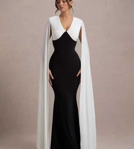 Cape Sleeve V Neck Sexy Maxi Dress For Women White Black Patchwork Backless Bodycon Evening Sexy Long Dress Elegant