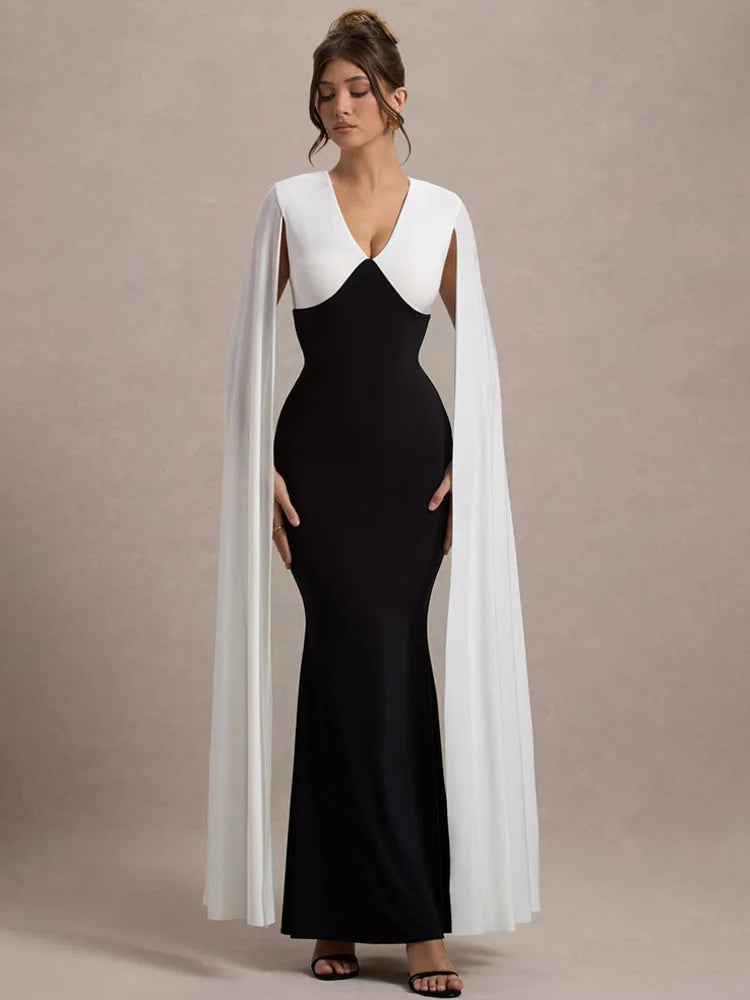Cape Sleeve V Neck Sexy Maxi Dress For Women White Black Patchwork Backless Bodycon Evening Sexy Long Dress Elegant