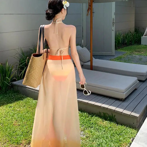 Load image into Gallery viewer, Swimsuit Women Summer Orange Gradient Halter Lace-up Bikini And Bandage Split Long Skirt Three Piece Set Sexy Beach Vacation New
