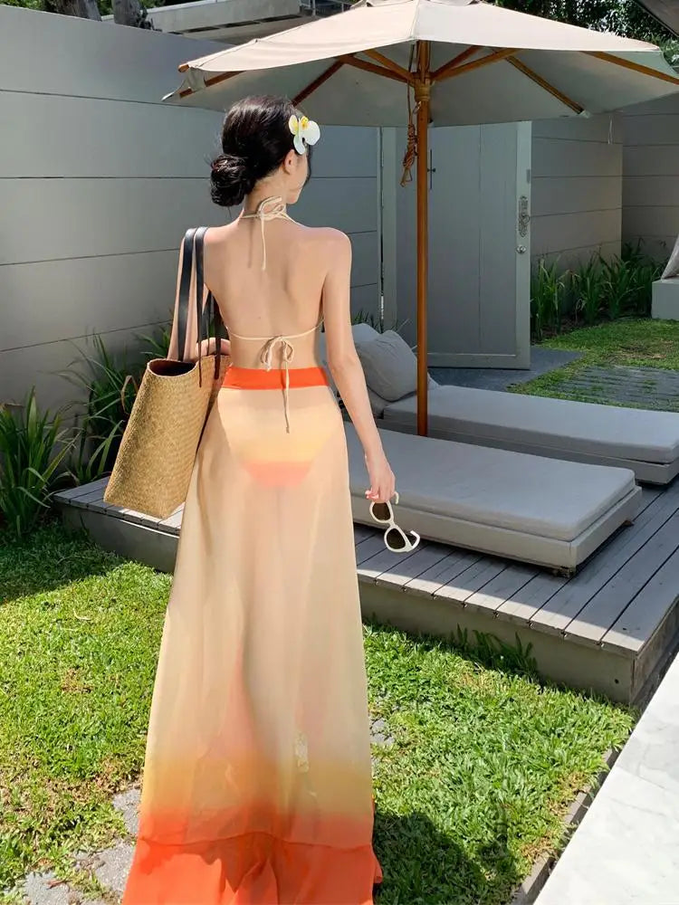 Swimsuit Women Summer Orange Gradient Halter Lace-up Bikini And Bandage Split Long Skirt Three Piece Set Sexy Beach Vacation New