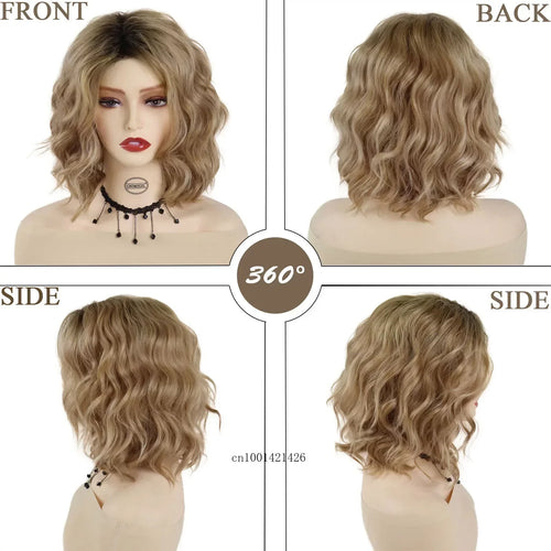 Load image into Gallery viewer, Synthetic Hair Medium Length Curly Wavy Wigs for Women Black Roots Honey Blonde Wig Wave Hairstyle Young Lady Wig Side Bangs
