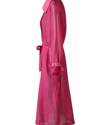 Women Rose Red Mesh Perspective Big Size Long Trench New Lapel Long Sleeve Windbreaker Fashion Spring Autumn 2025 5R4385